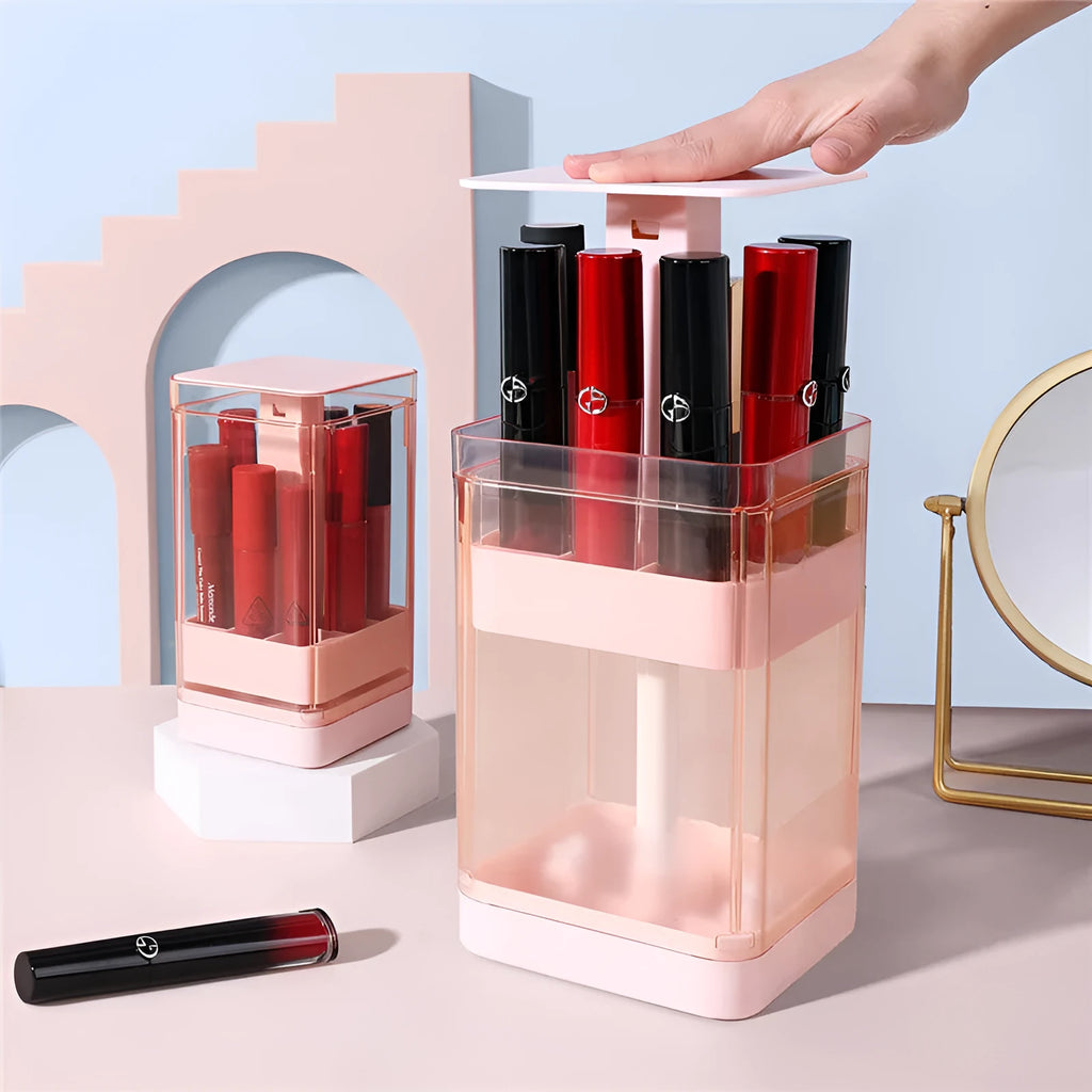 Press lift lipstick storage box in pink or white, showing 8-grid and 12-grid size options on a desktop.