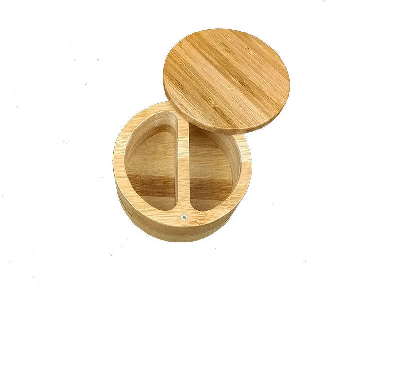 Natural bamboo seasoning storage box with a matching spoon, shown in single-compartment and pear-shaped designs.