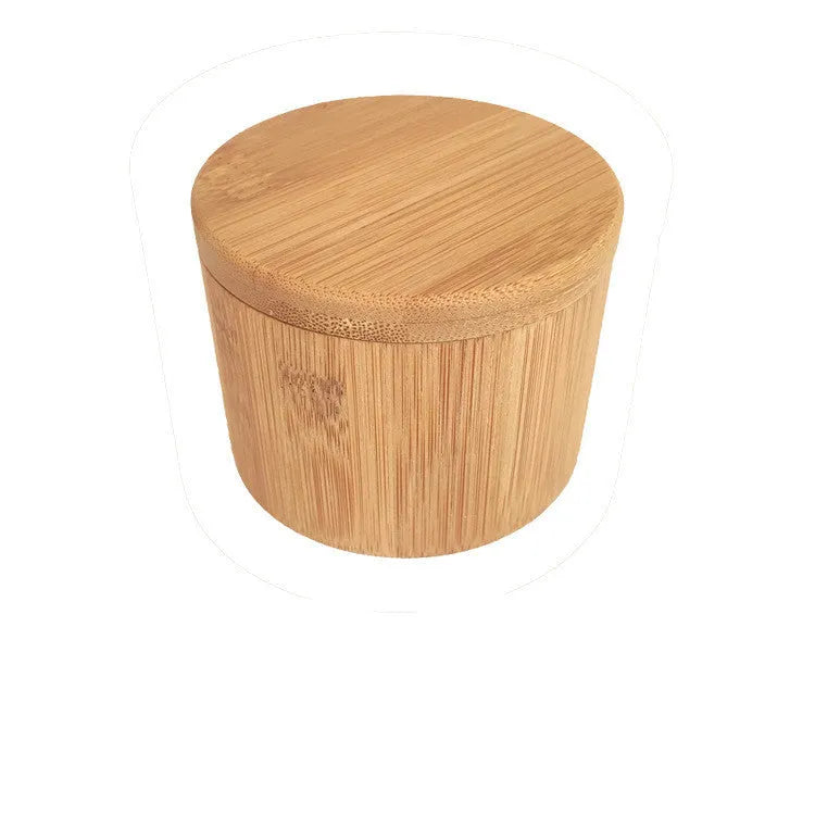 Natural bamboo seasoning storage box with a matching spoon, shown in single-compartment and pear-shaped designs.