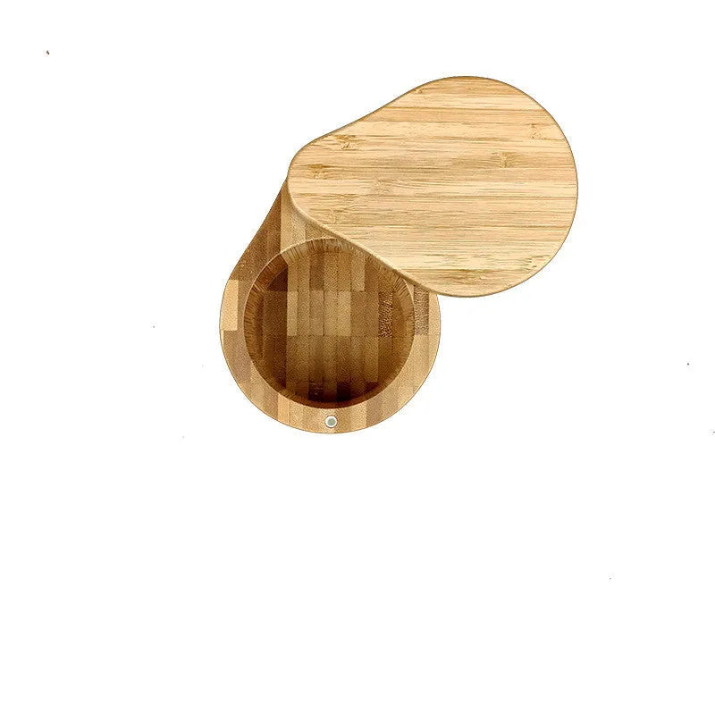 Natural bamboo seasoning storage box with a matching spoon, shown in single-compartment and pear-shaped designs.