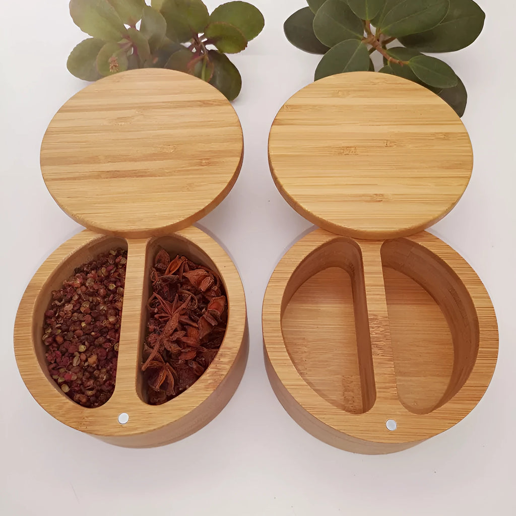 Natural bamboo seasoning storage box with a matching spoon, shown in single-compartment and pear-shaped designs.