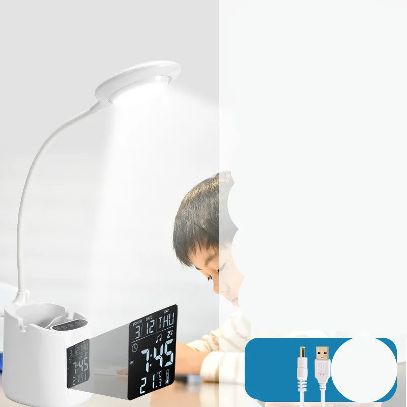 White desk lamp with eye protection features for study use with USB charging port