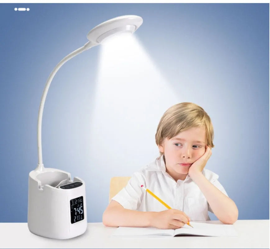 White desk lamp with eye protection features for study use with USB charging port