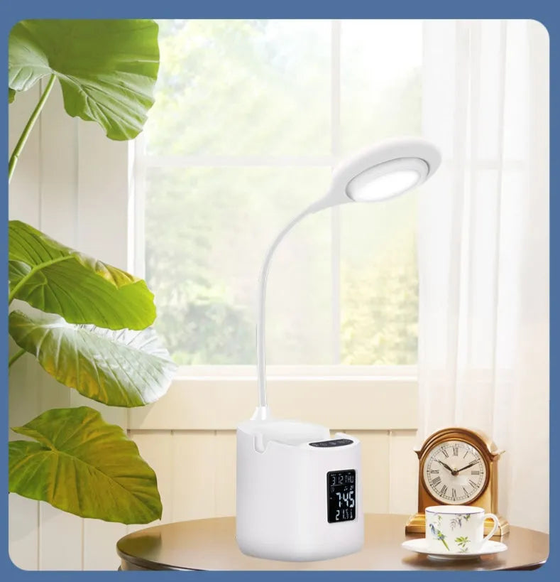 White desk lamp with eye protection features for study use with USB charging port