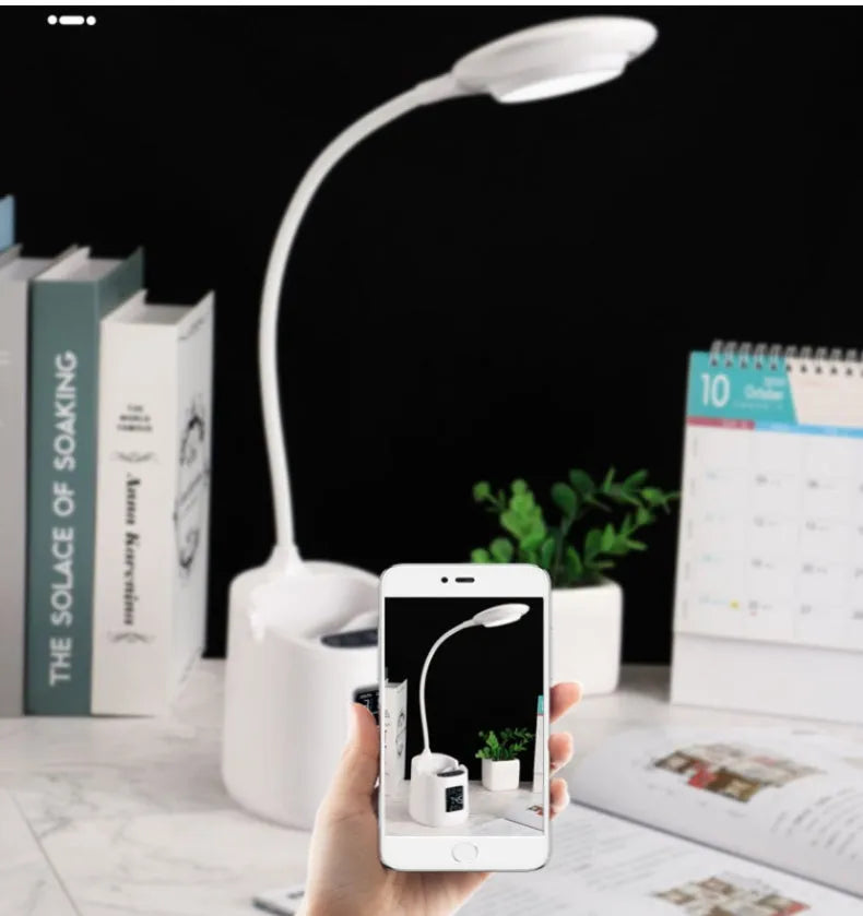 White desk lamp with eye protection features for study use with USB charging port