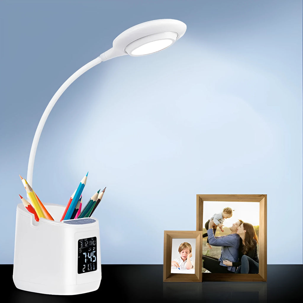 White desk lamp with eye protection features for study use with USB charging port
