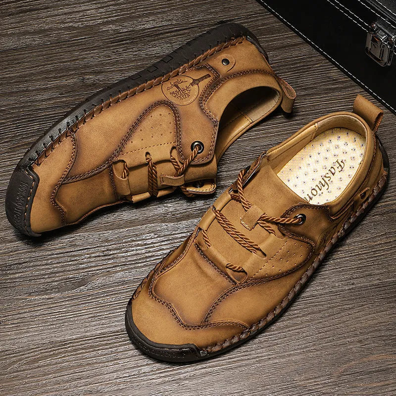 Men's casual microfiber shoes in black, gold, and khaki colours with round toe design
