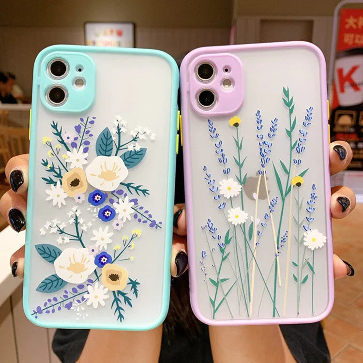 Contrasting matte frame TPU phone case with painted floral design, blue lavender colour, for iPhone 12