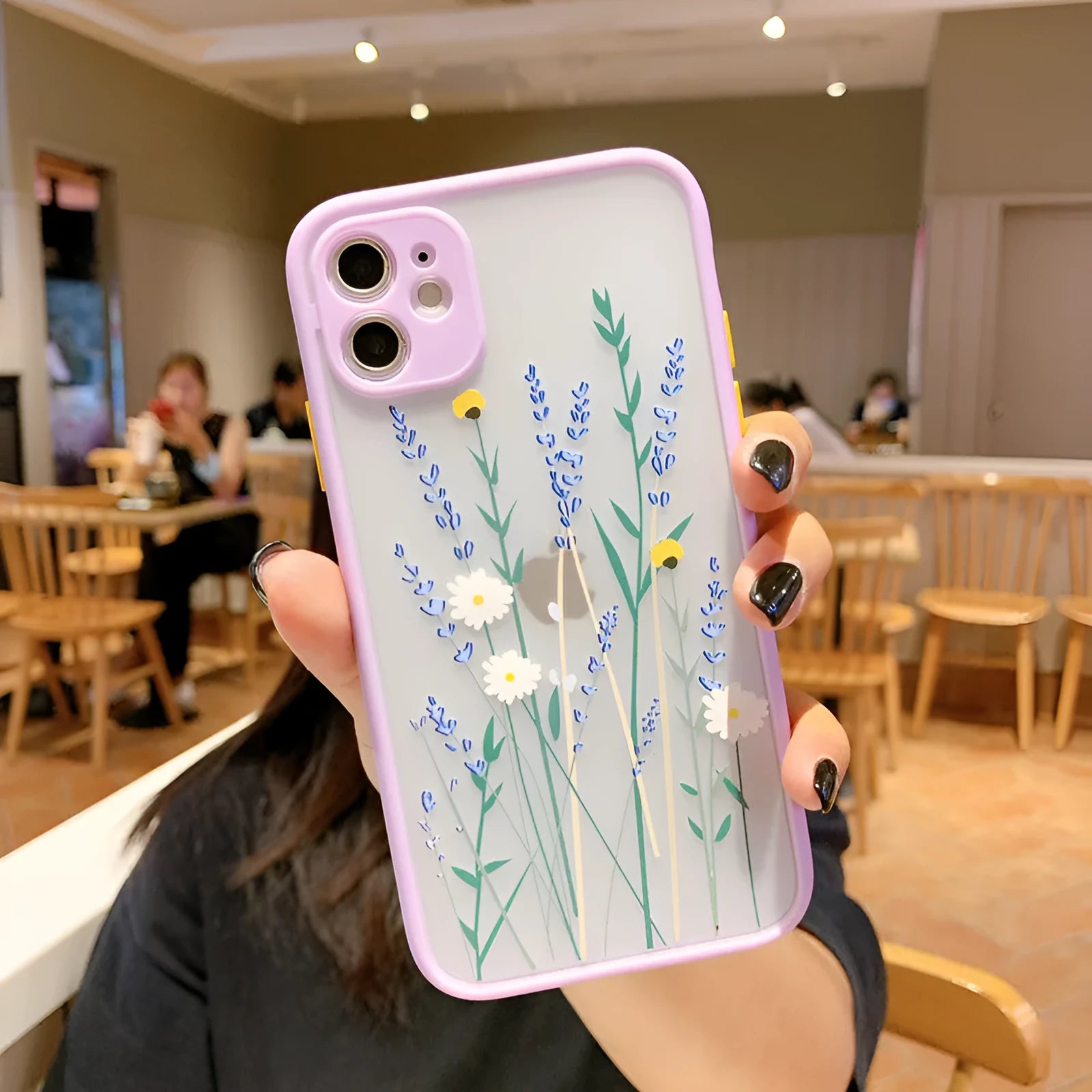 Contrasting matte frame TPU phone case with painted floral design, blue lavender colour, for iPhone 12