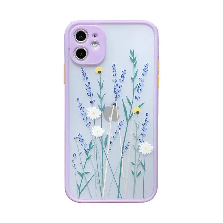 Contrasting matte frame TPU phone case with painted floral design, blue lavender colour, for iPhone 12