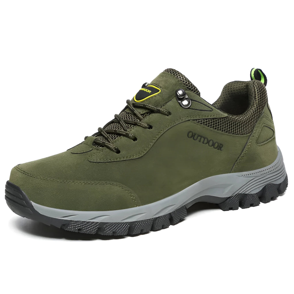 Men's low-top outdoor hiking shoes in Army Green, shown from the side, with a viscose rubber sole.