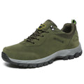 Men's low-top outdoor hiking shoes in Army Green, shown from the side, with a viscose rubber sole.
