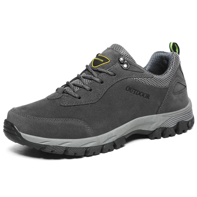 Men's low-top outdoor hiking shoes in Army Green, shown from the side, with a viscose rubber sole.