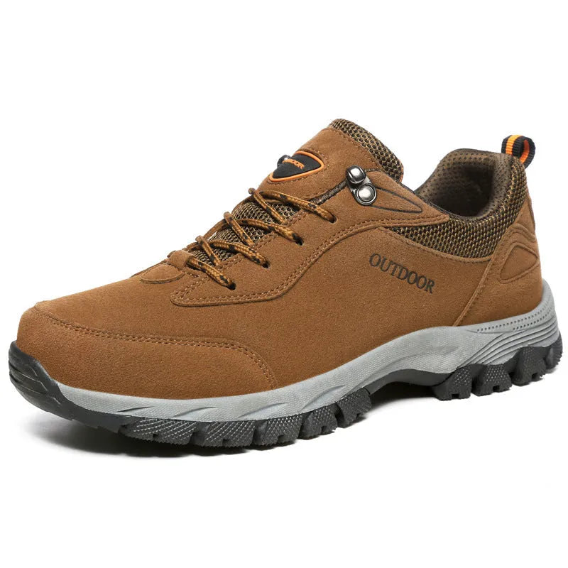 Men's low-top outdoor hiking shoes in Army Green, shown from the side, with a viscose rubber sole.