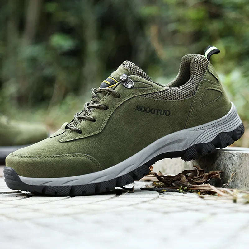 Men's low-top outdoor hiking shoes in Army Green, shown from the side, with a viscose rubber sole.