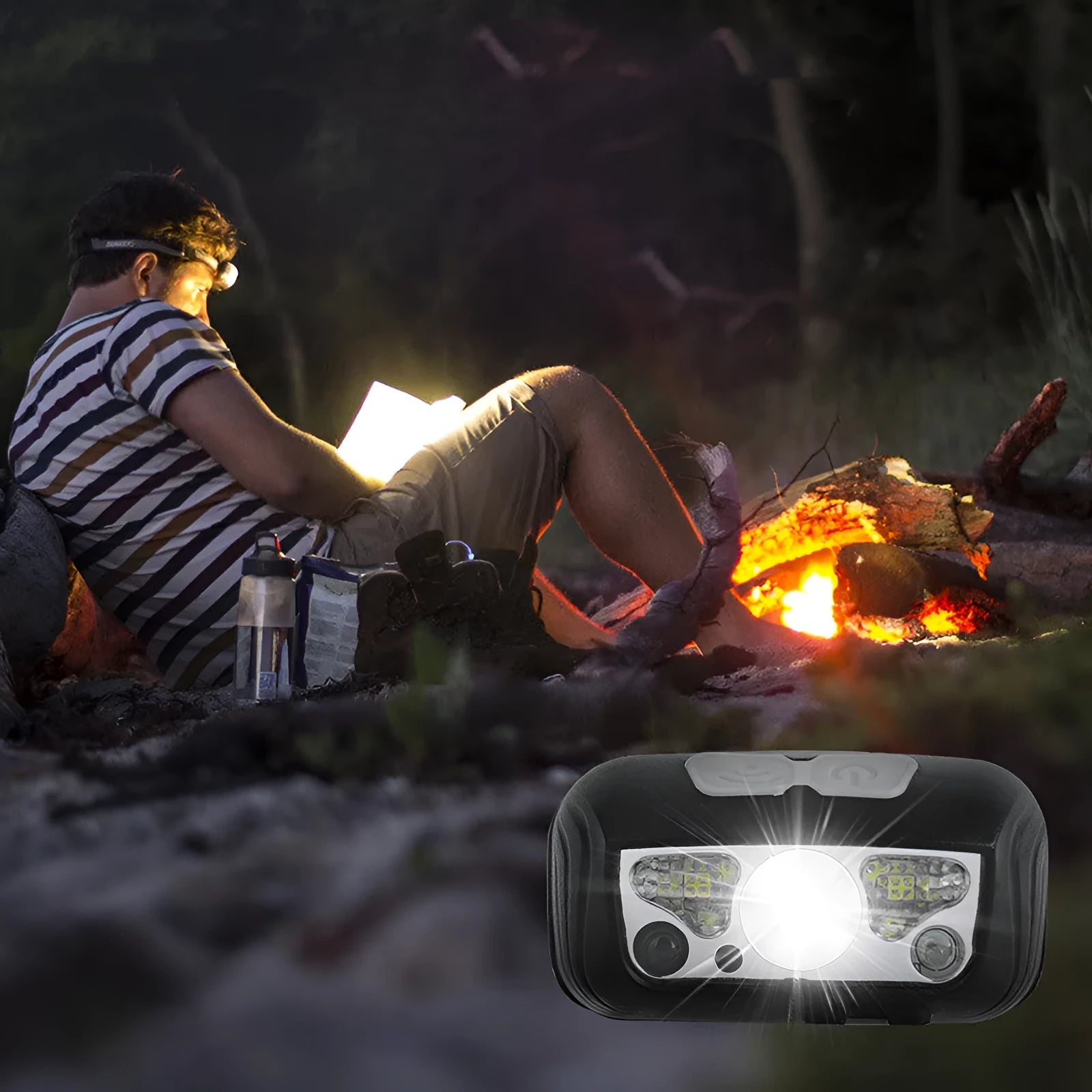 Black USB rechargeable sensor headlight showing white front LED and red rear running lights