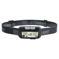 Black USB rechargeable sensor headlight showing white front LED and red rear running lights