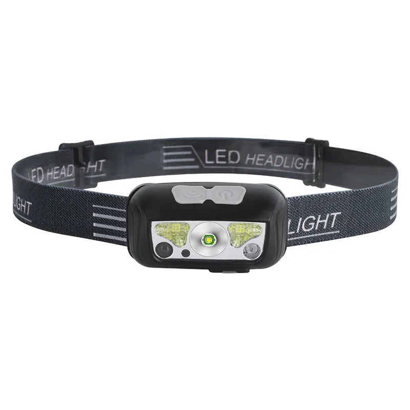 Black USB rechargeable sensor headlight showing white front LED and red rear running lights