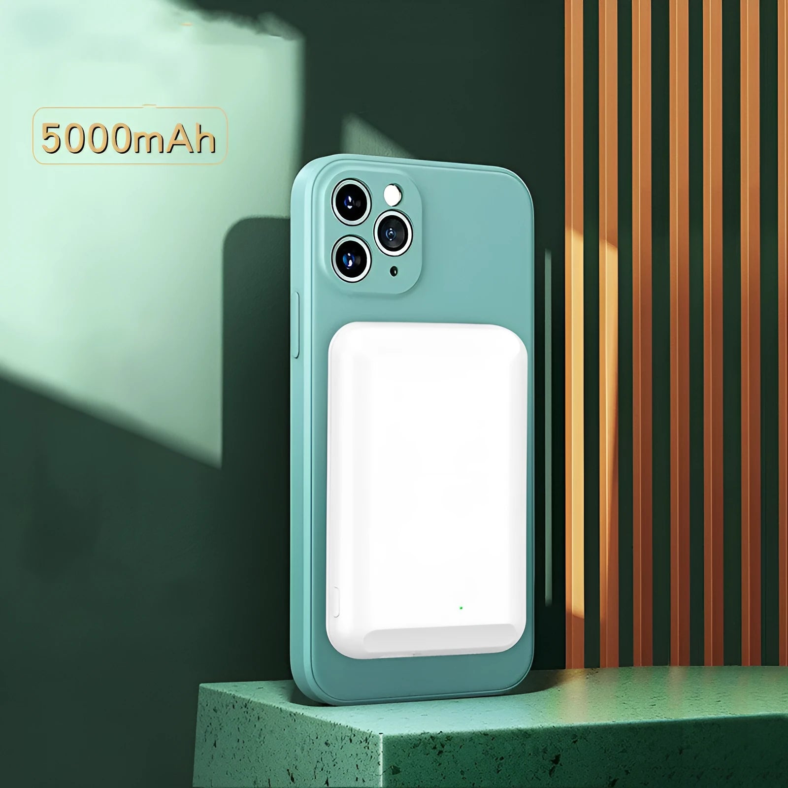 Magnetic wireless power bank in black blue green pink white colours showing 5000mAh capacity