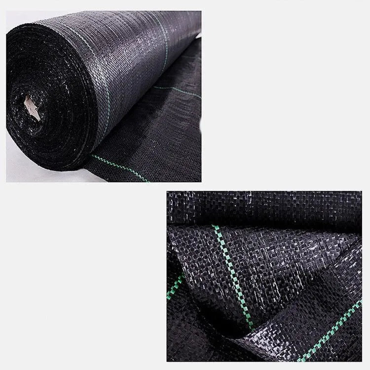 Black plastic weed-proof cloth sheet laid flat on soil for farmland and greenhouse weed suppression.
