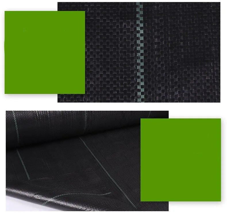 Black plastic weed-proof cloth sheet laid flat on soil for farmland and greenhouse weed suppression.