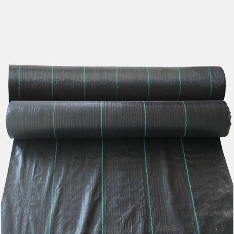 Black plastic weed-proof cloth sheet laid flat on soil for farmland and greenhouse weed suppression.
