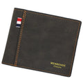 Men's retro-style tri-fold wallet shown in black, navy blue, dark brown, and light brown colour options.