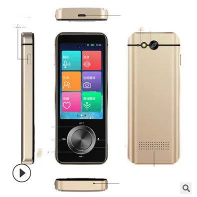 Gold and silver grey M9 WiFi translator device for group chat and photo translation on iOS.