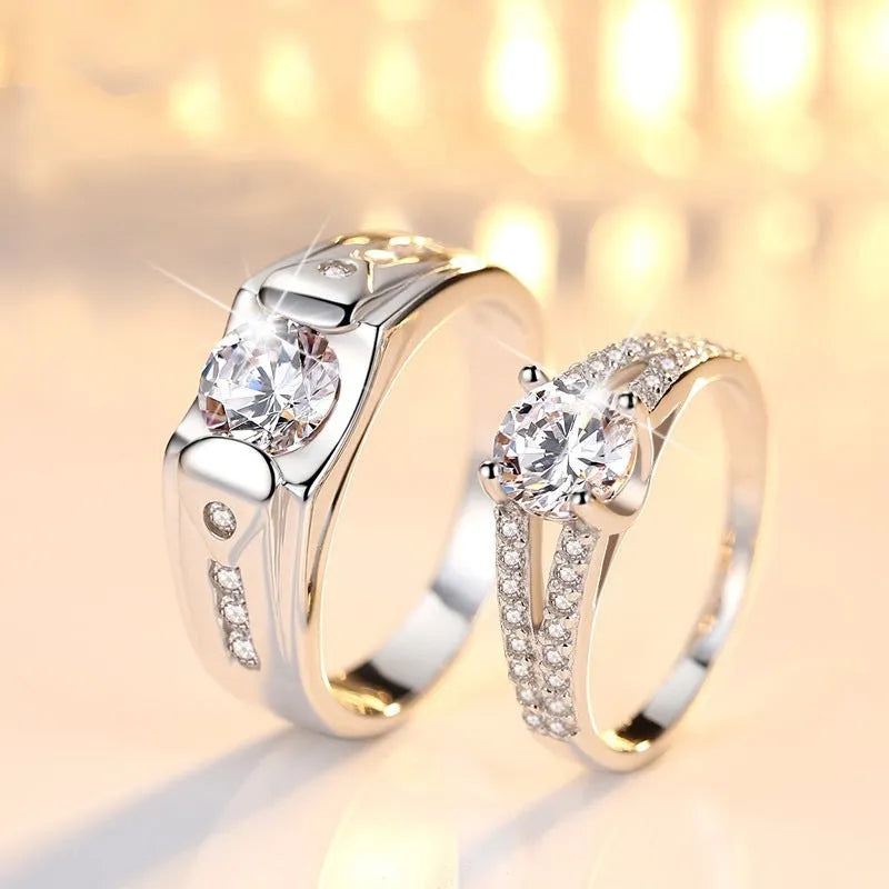 Pair of silver-plated adjustable couple rings with artificial gem inlay on copper base, Korean style design, Carroch brand