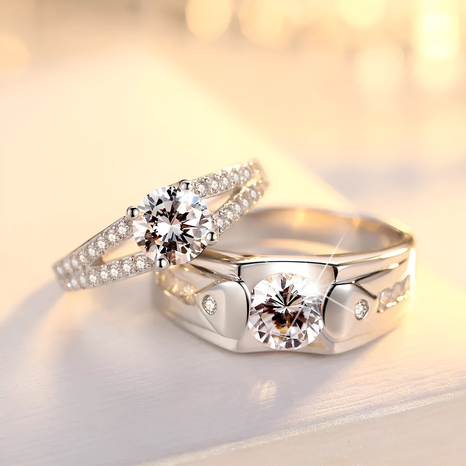 Pair of silver-plated adjustable couple rings with artificial gem inlay on copper base, Korean style design, Carroch brand