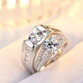 Pair of silver-plated adjustable couple rings with artificial gem inlay on copper base, Korean style design, Carroch brand