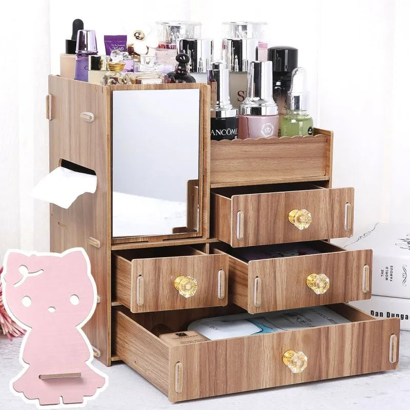 Wooden tabletop cosmetic storage box with a drawer, shown in a selection of its available colours and patterns.