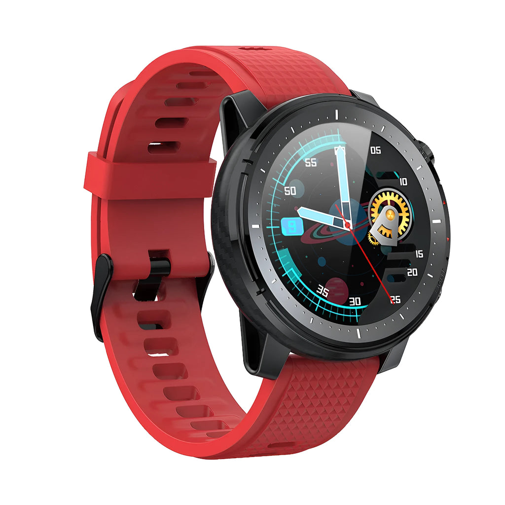 Black Android smart watch with round dial and IP68 waterproof rating on silicone strap