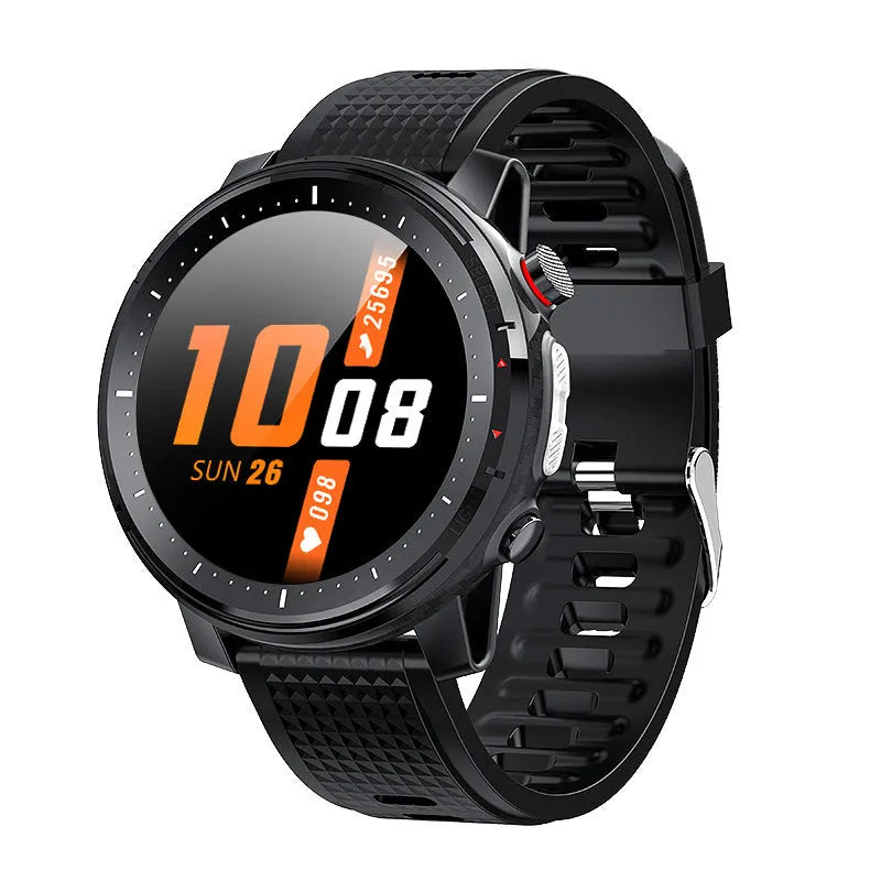 Black Android smart watch with round dial and IP68 waterproof rating on silicone strap