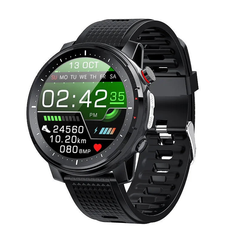 Black Android smart watch with round dial and IP68 waterproof rating on silicone strap
