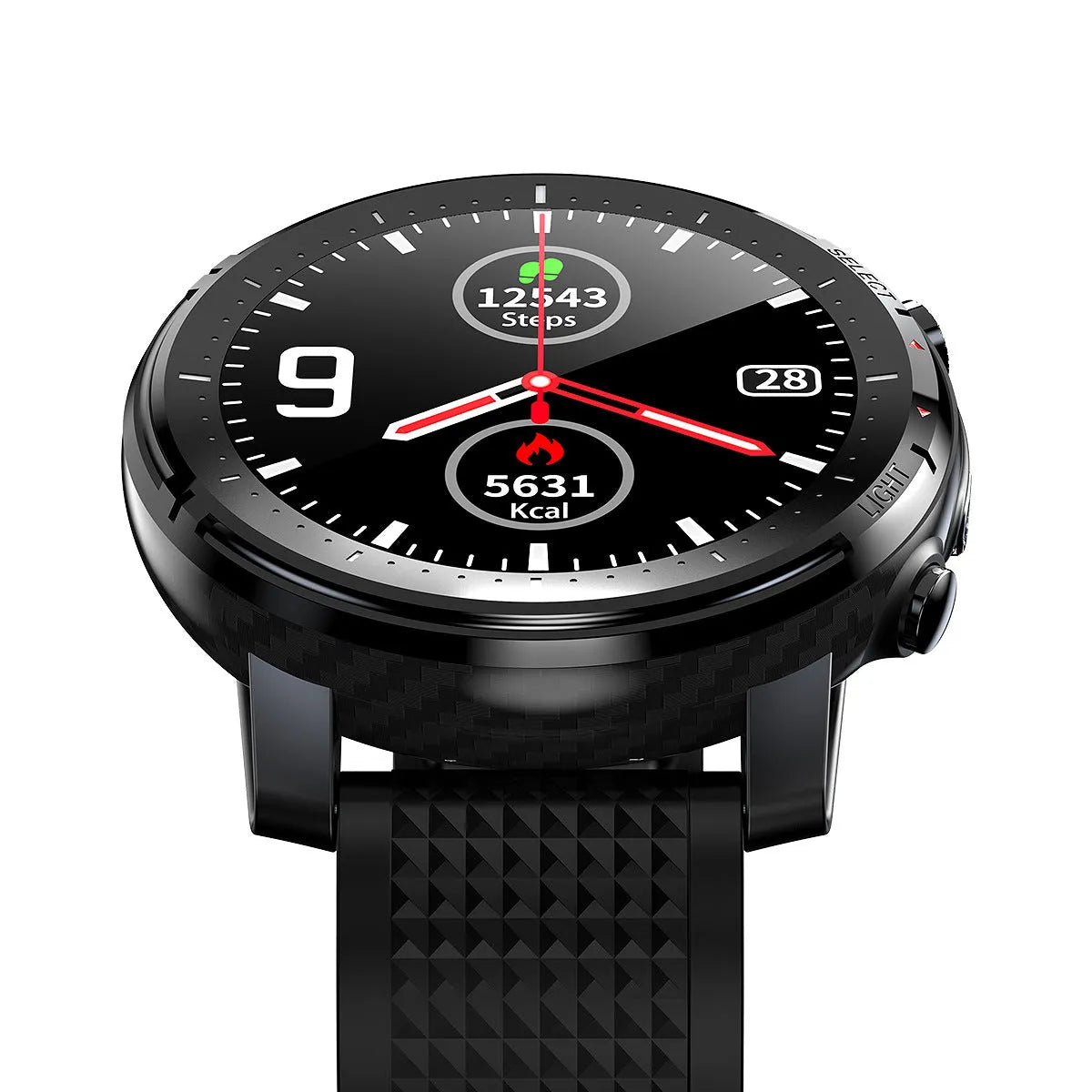 Black Android smart watch with round dial and IP68 waterproof rating on silicone strap