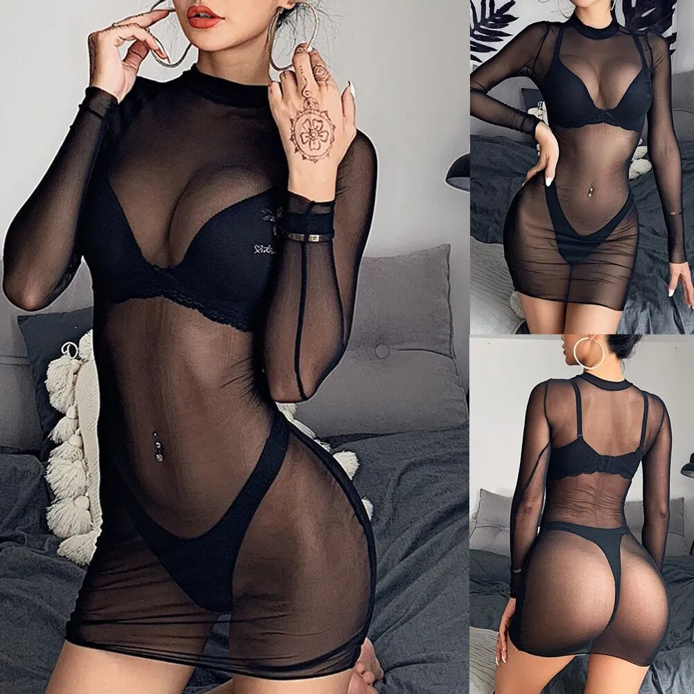 Sheer black net mesh bikini with see-through long sleeves on woman, polyester fibre swimsuit