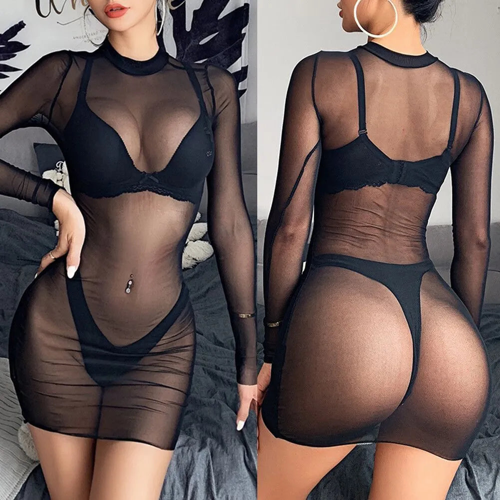 Sheer black net mesh bikini with see-through long sleeves on woman, polyester fibre swimsuit