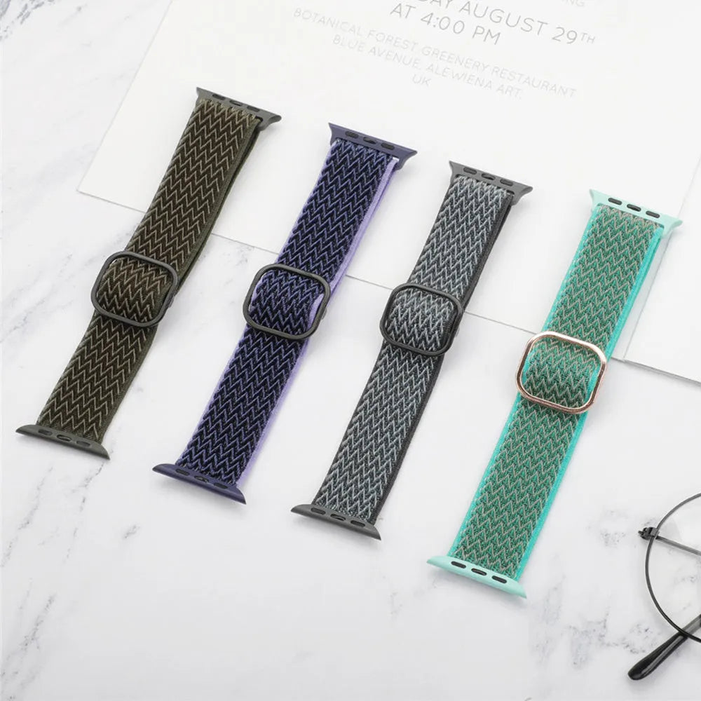 Braided nylon elastic strap for Apple Watch in wave pattern, showing colour options on a wrist.