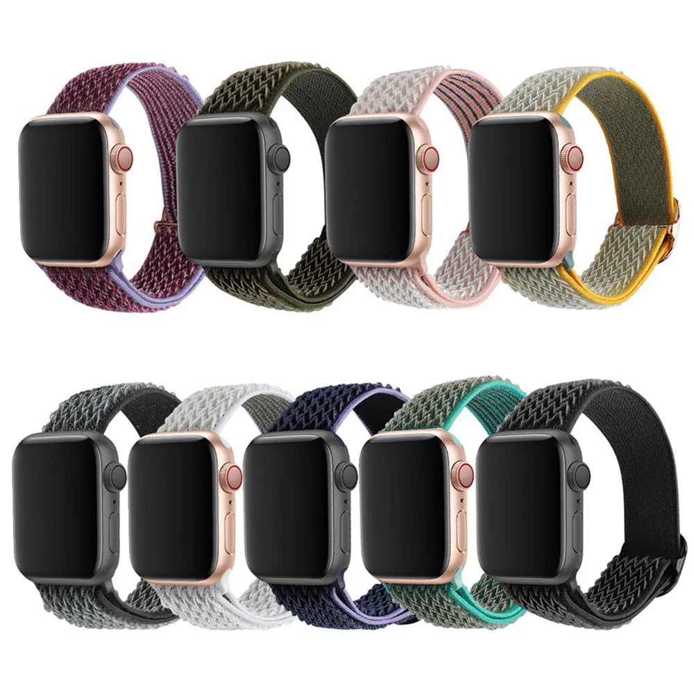 Braided nylon elastic strap for Apple Watch in wave pattern, showing colour options on a wrist.