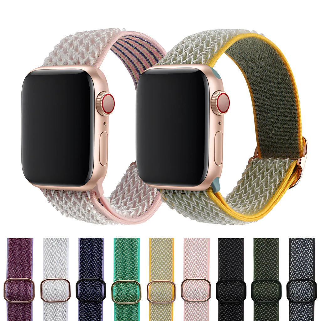 Braided nylon elastic strap for Apple Watch in wave pattern, showing colour options on a wrist.