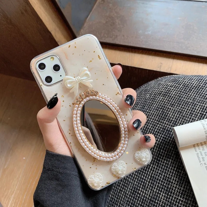 Brown marble pattern silicone iPhone case with bowknot rhinestone and mirror decoration