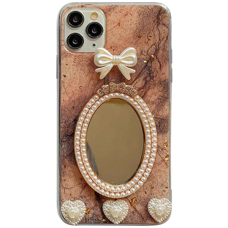 Brown marble pattern silicone iPhone case with bowknot rhinestone and mirror decoration