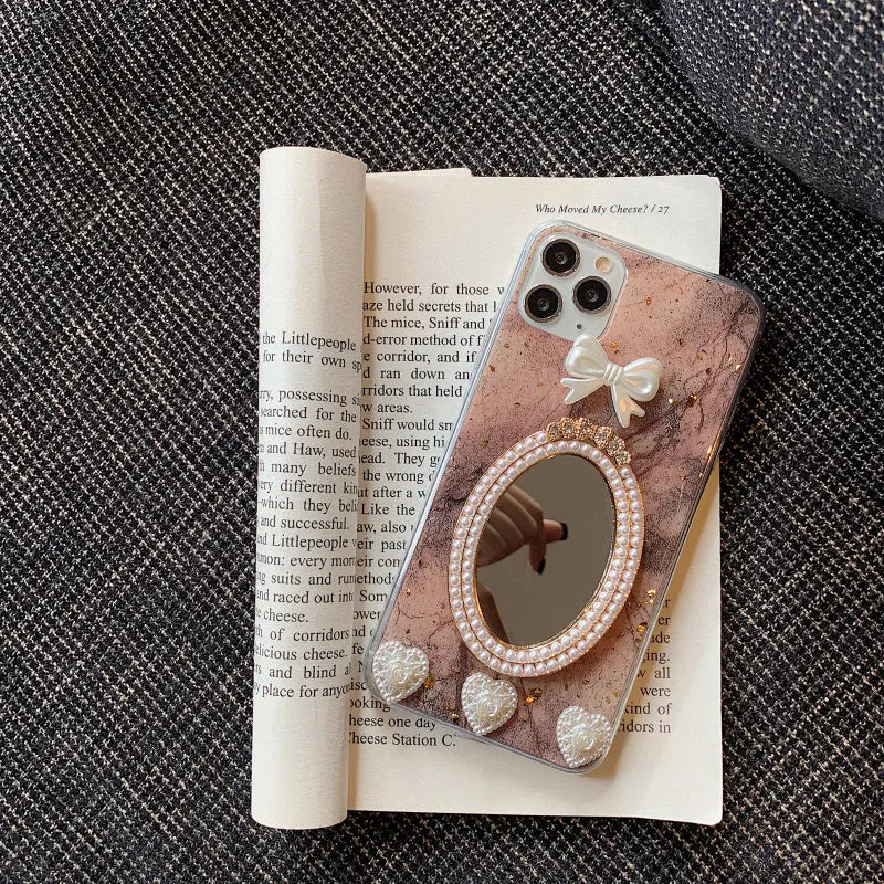 Brown marble pattern silicone iPhone case with bowknot rhinestone and mirror decoration