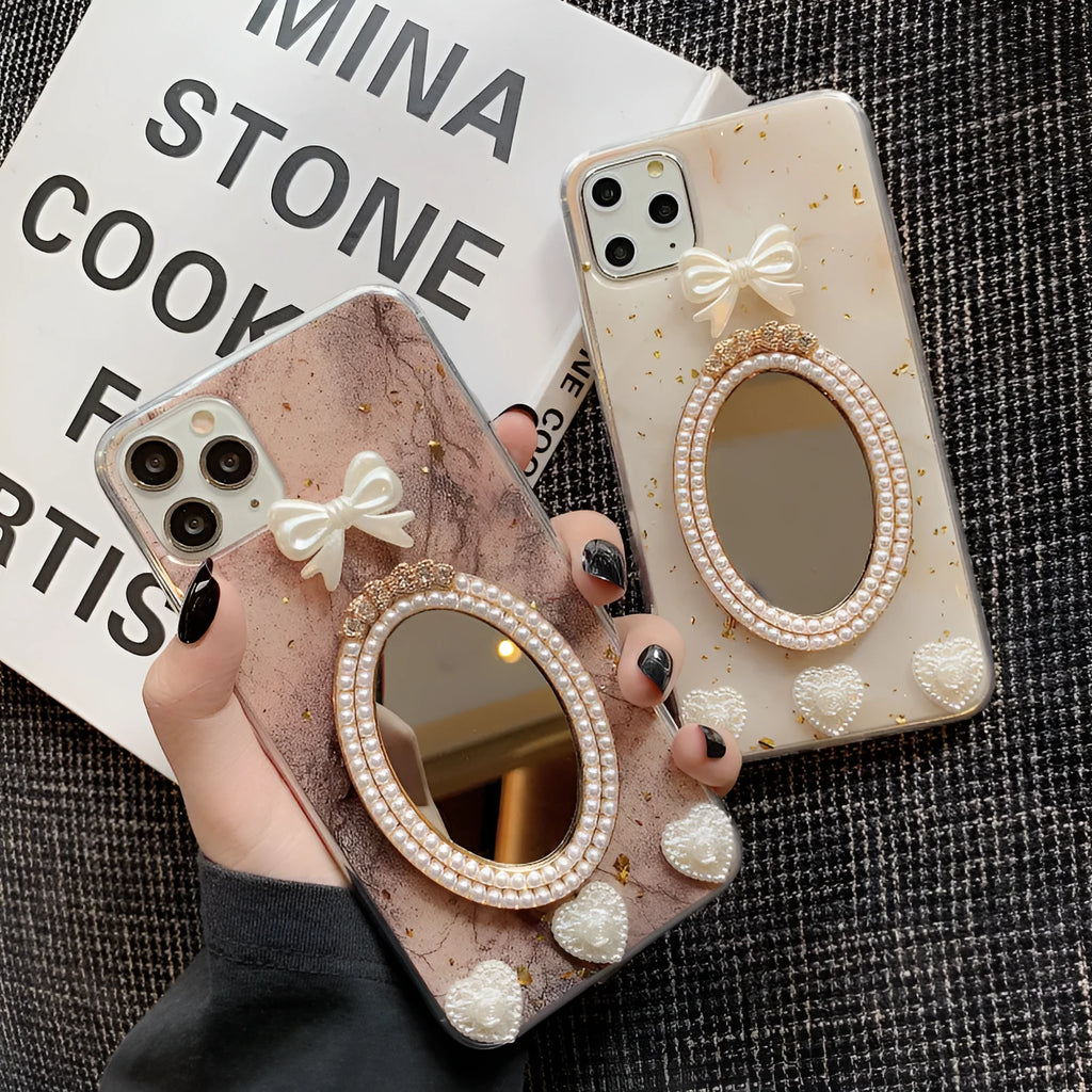 Brown marble pattern silicone iPhone case with bowknot rhinestone and mirror decoration