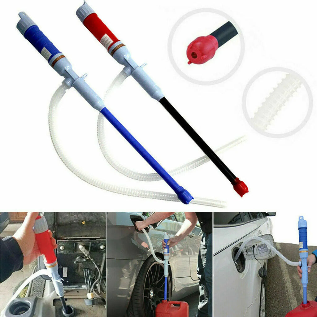 Blue and red manual hand siphon pump for transferring fuel, oil and water