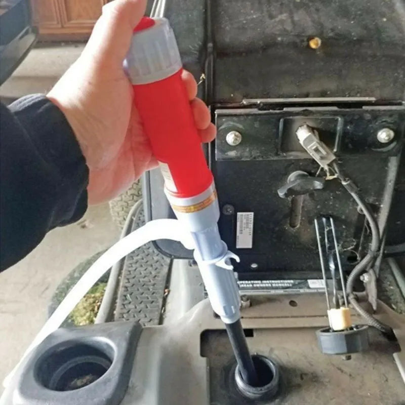 Blue and red manual hand siphon pump for transferring fuel, oil and water