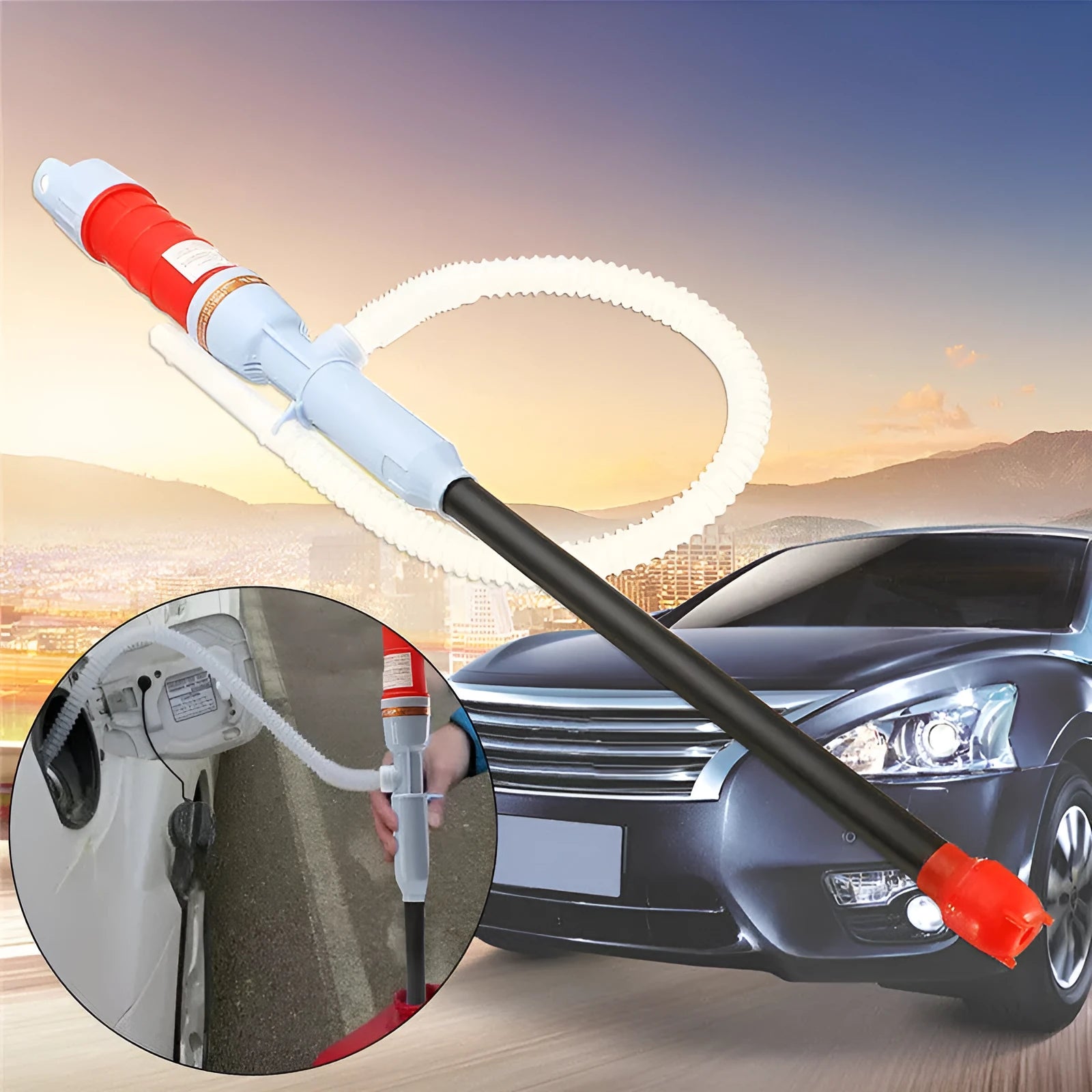 Blue and red manual hand siphon pump for transferring fuel, oil and water