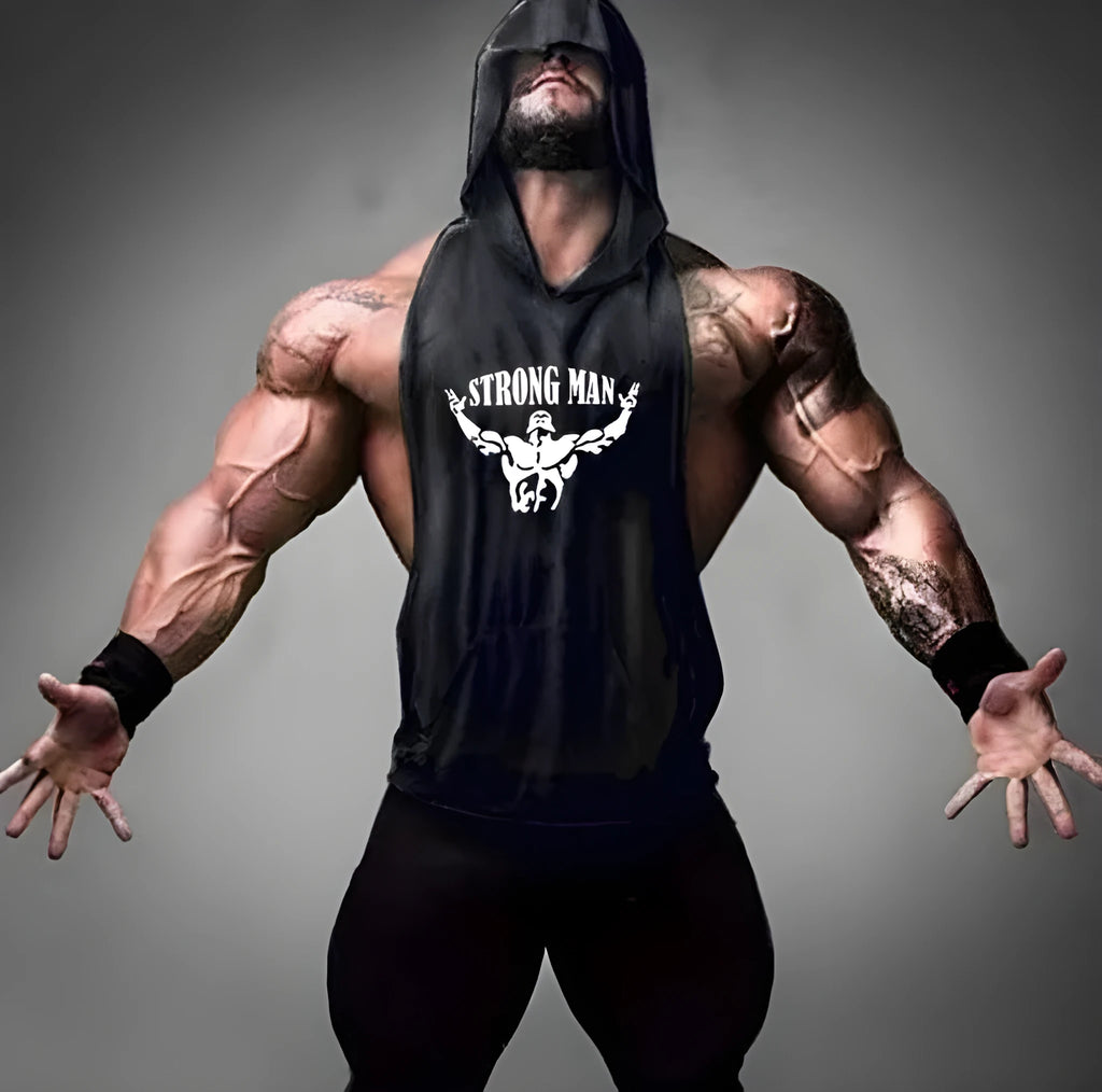 Men's hooded fitness vest in 90% cotton, available in multiple colours, front view