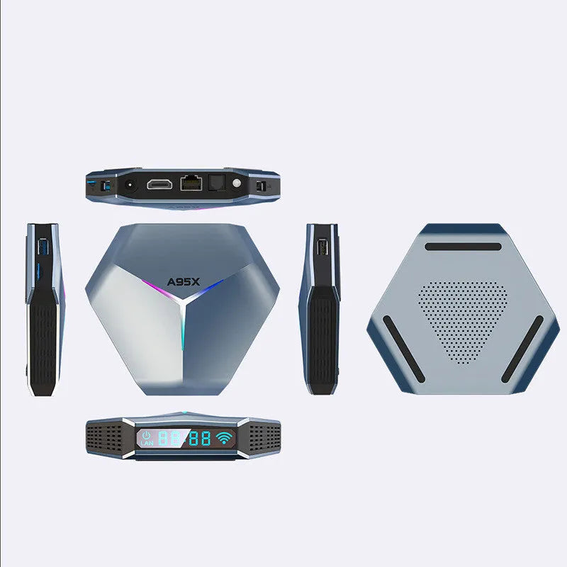 Android 8K TV set-top box with remote control, HD cable, and international power adapter options.